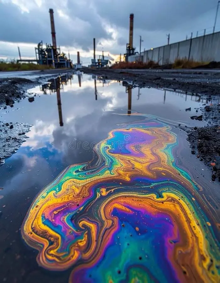 Iridescent rainbow-colored surface film on a puddle with industrial refinery equipment visible in the background.