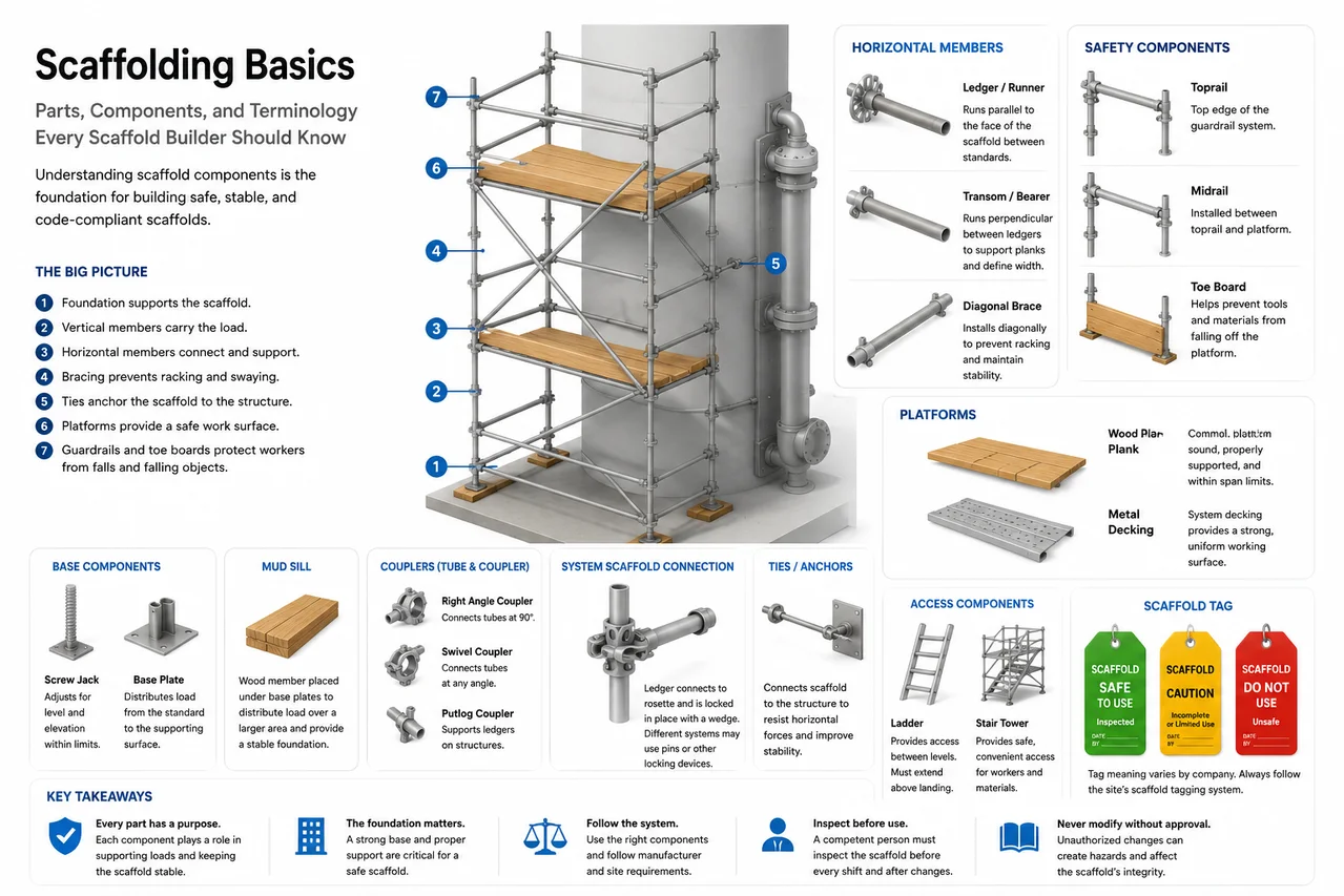Scaffolding training chart labeling standards, ledgers, transoms, braces, platforms, access parts, hazards, and tag colors.