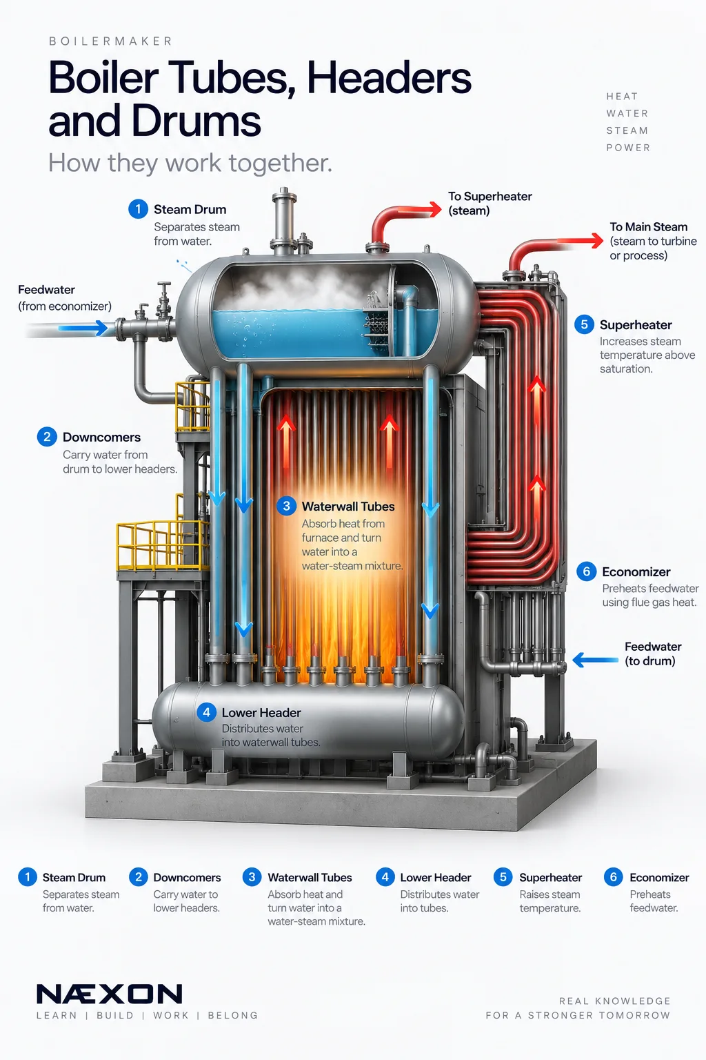 Boiler cutaway with steam drum, downcomers, waterwall tubes, lower header, superheater, economizer, and flow arrows.