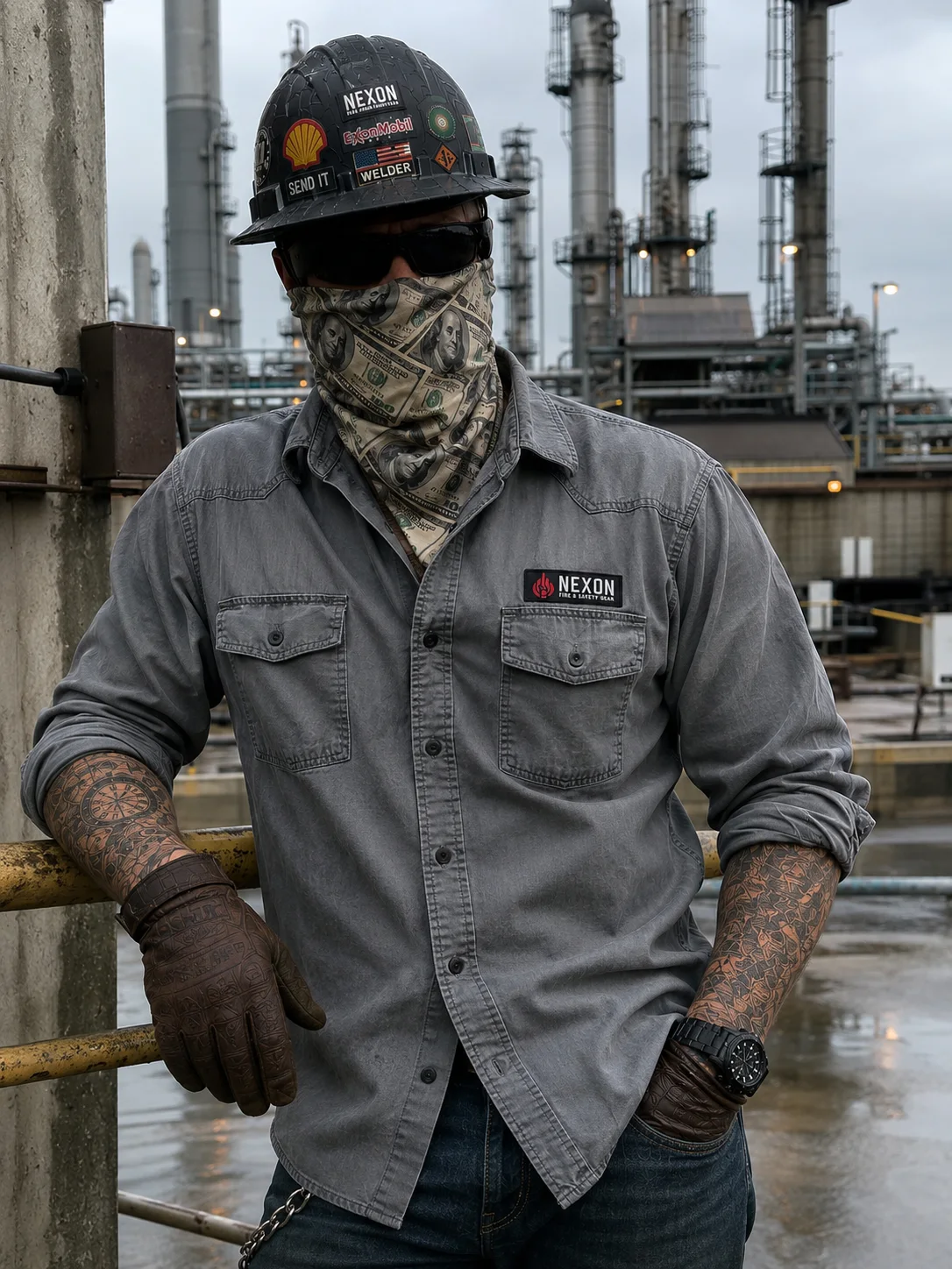 Welder wearing Næxon gray FR work shirt, hard hat, safety glasses, and bandana at an oil refinery