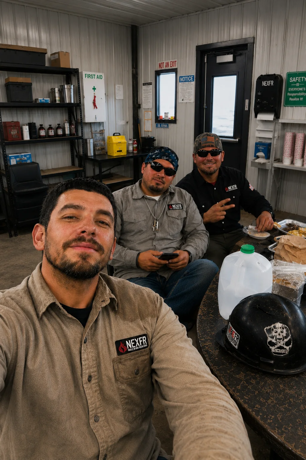 Three industrial tradesmen wearing Næxon FR work shirts during a jobsite lunch break