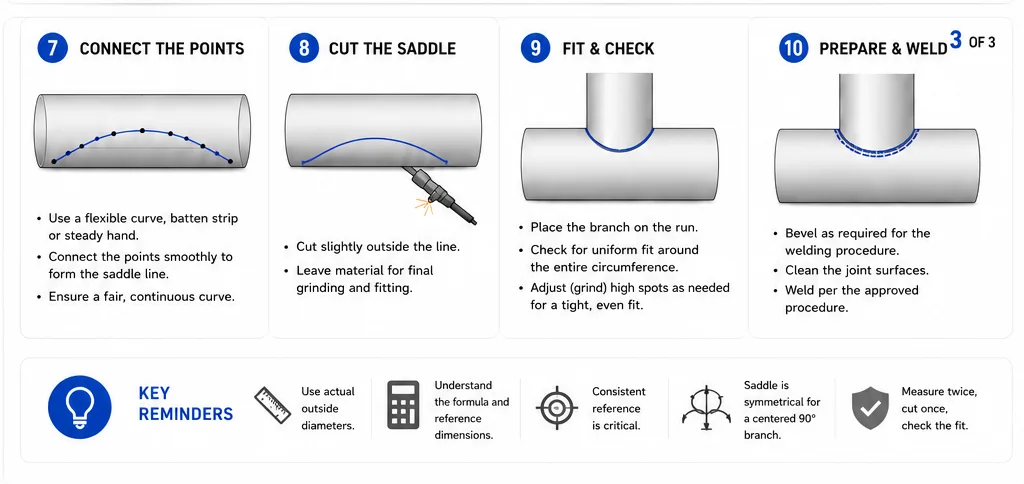Page 3 of a pipe saddle guide showing how to connect cutback marks, cut the saddle, check branch fit, and prepare the joint for welding.
