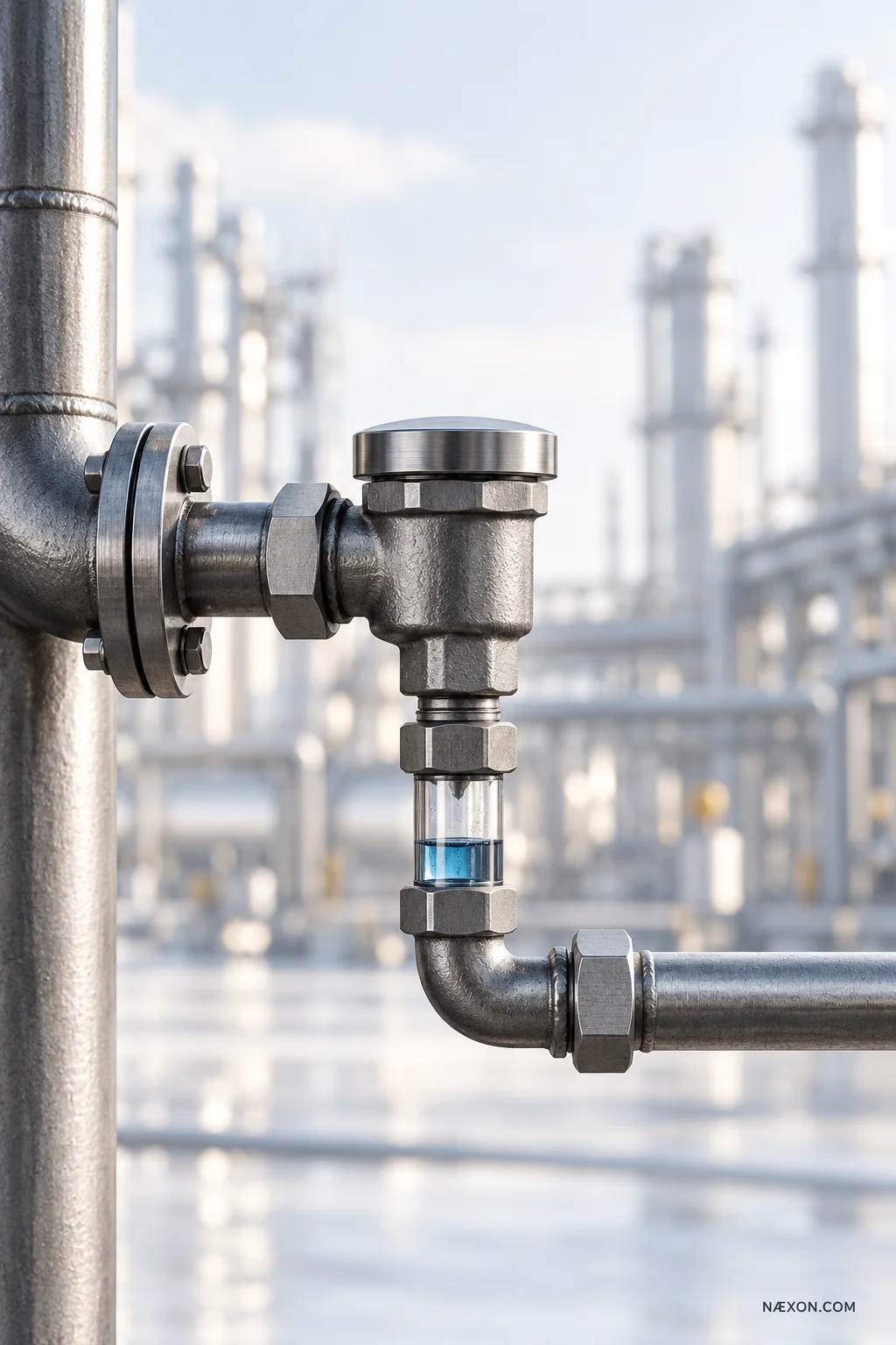 Close-up illustration of a metal piping assembly with fittings and a small transparent section against a refinery background.
