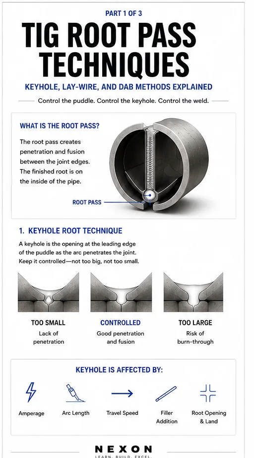 TIG root-pass guide showing an open pipe joint, keyhole shapes, and the torch and filler-rod positions used to control penetration.