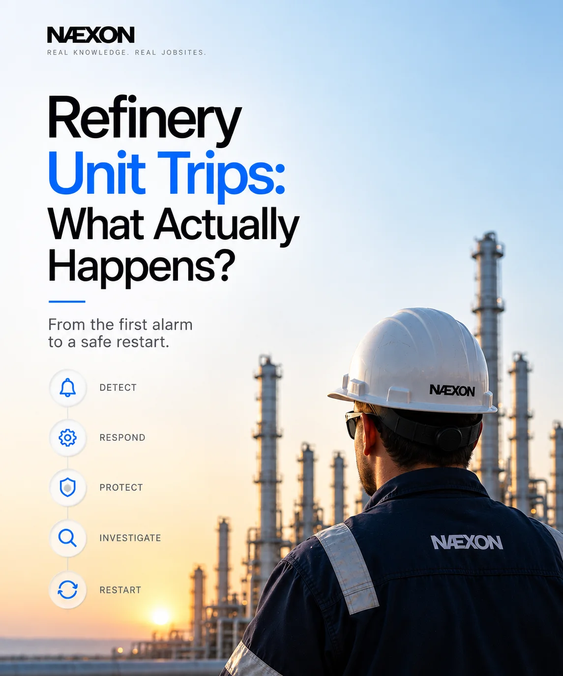Feature graphic of a refinery worker facing process towers with a unit-trip sequence from detection and response to restart.