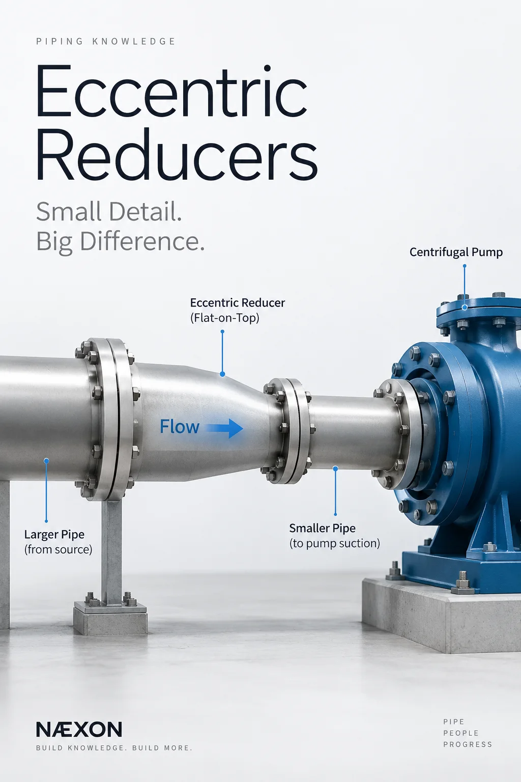 Labeled illustration of a flat-on-top eccentric reducer between a larger pipe and a smaller pipe entering a centrifugal pump, with a flow arrow.