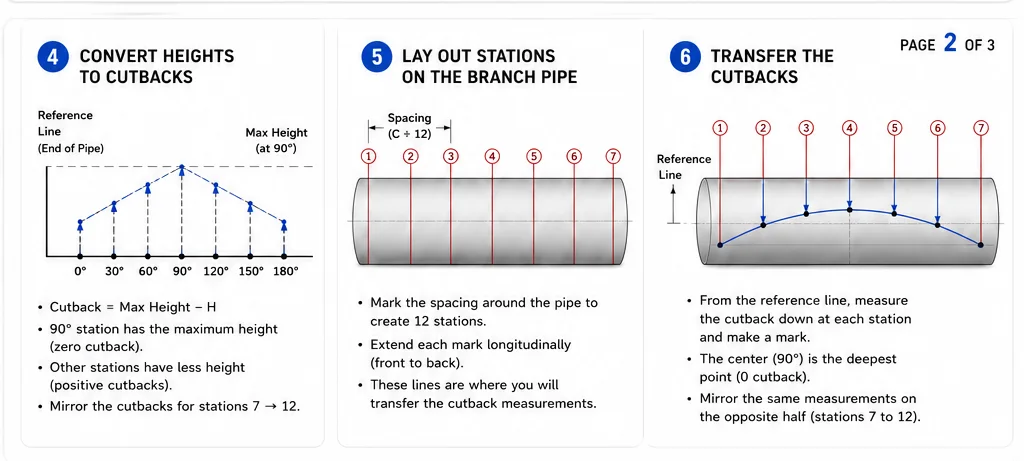 Page 2 of a pipe saddle guide showing height-to-cutback conversion, station marks around a branch pipe, and transferred saddle measurements.