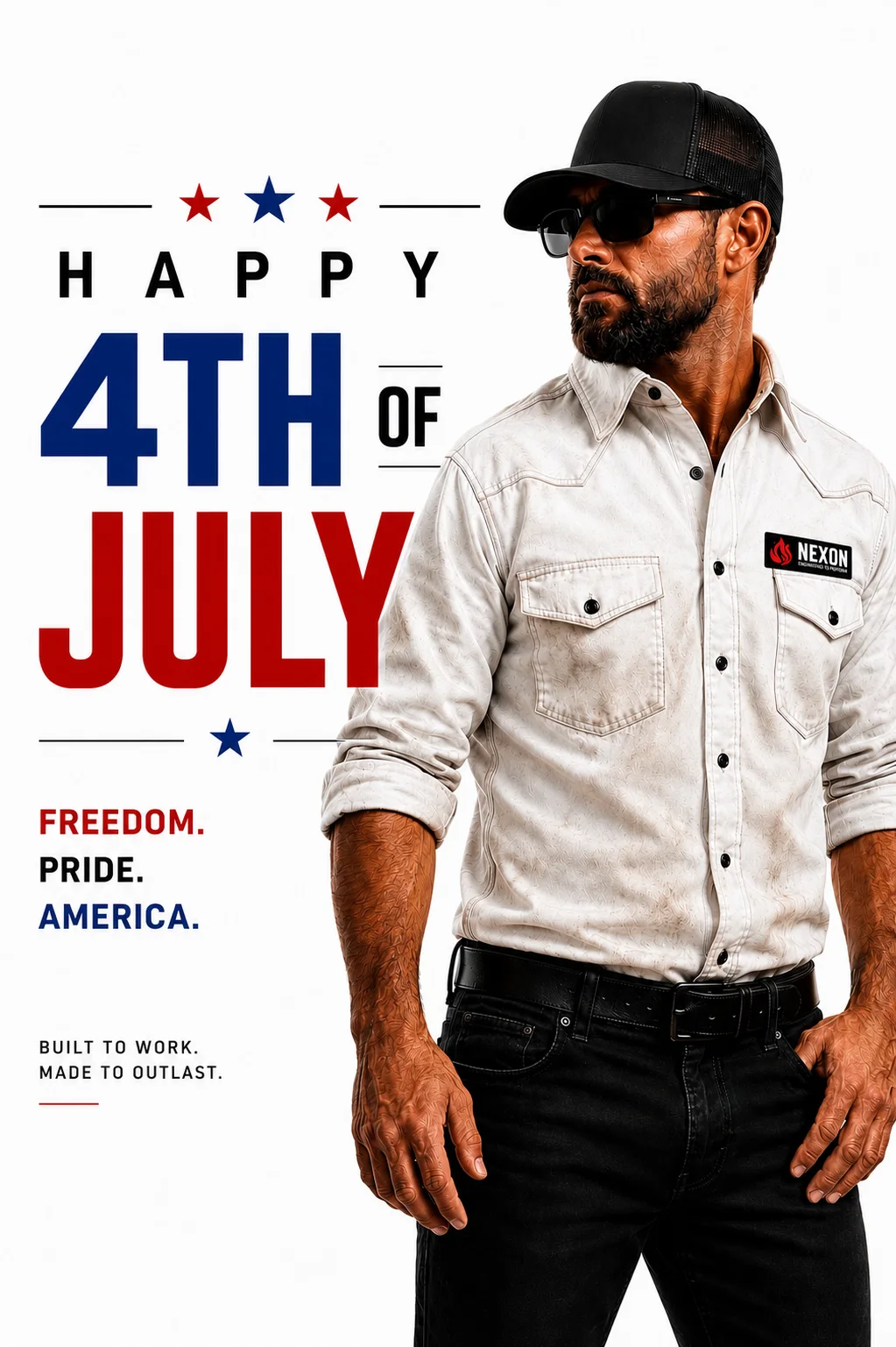 Rugged industrial worker wearing a white NÆXON flame-resistant western work shirt celebrating Independence Day with a Happy 4th of July patriotic graphic for oilfield, refinery, pipeline, and construction professionals.