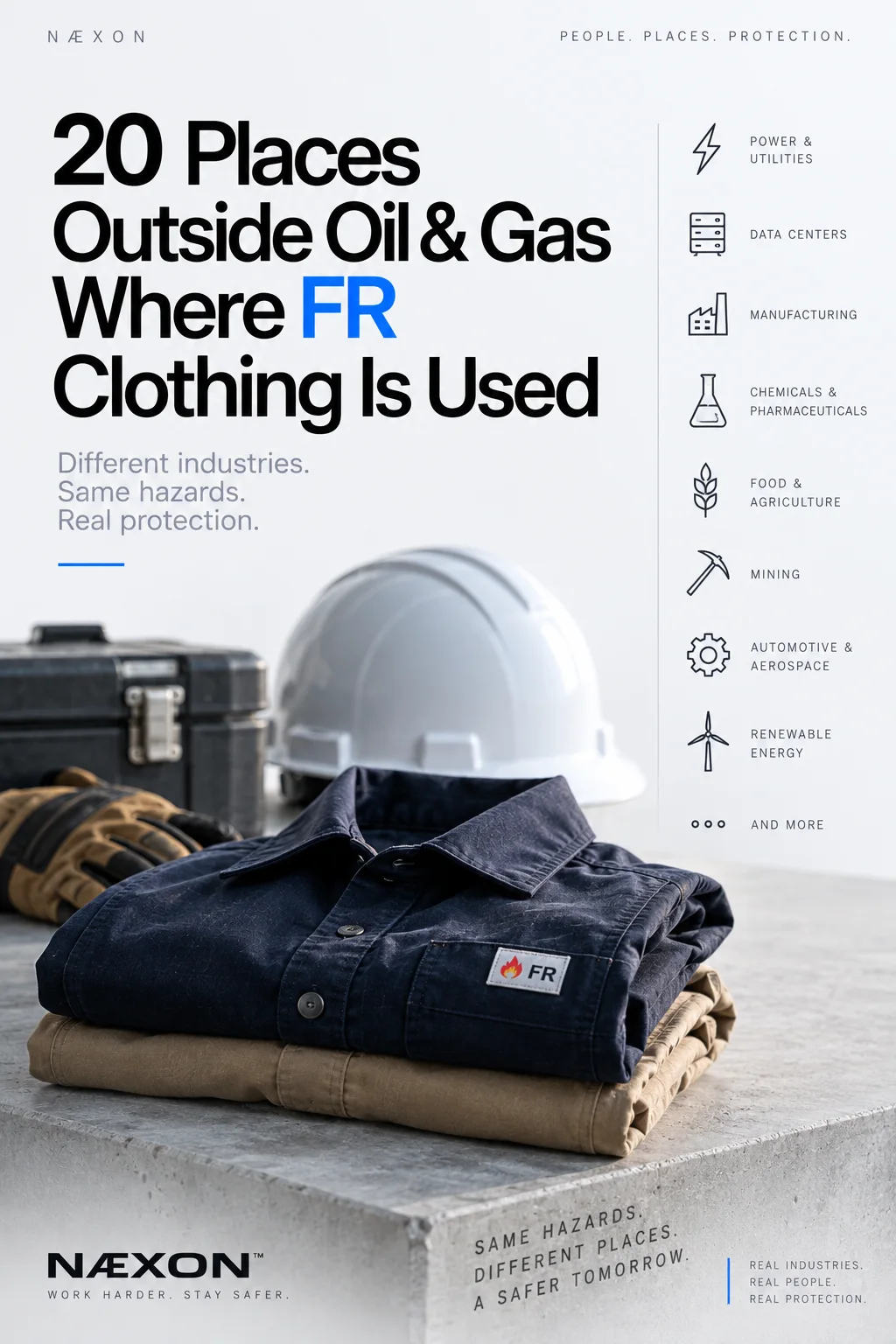 Folded dark-blue FR shirt and tan workwear beside a white hard hat and toolbox, with icons for several industries beyond oil and gas.