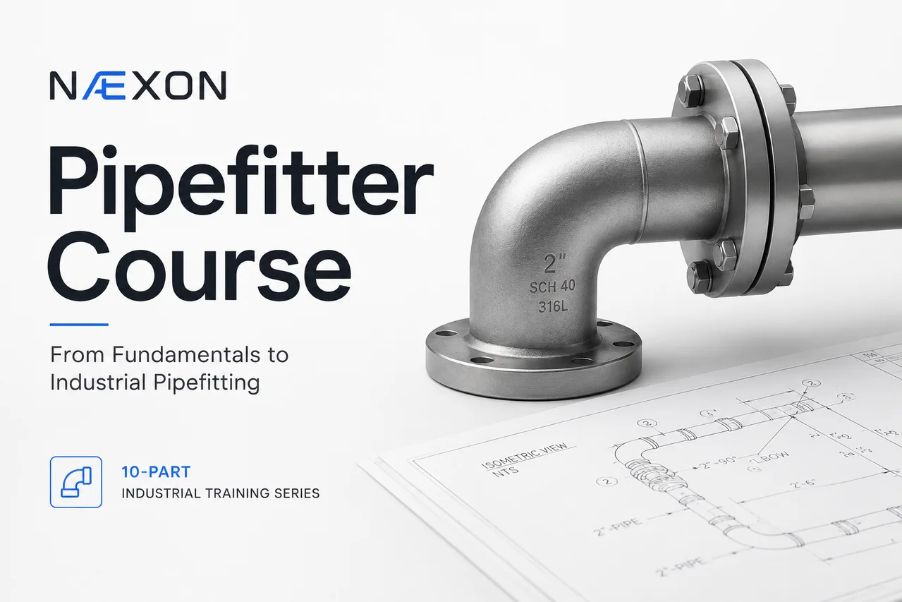 Landscape Næxon Pipefitter Course cover with a steel elbow and flange over piping drawings.