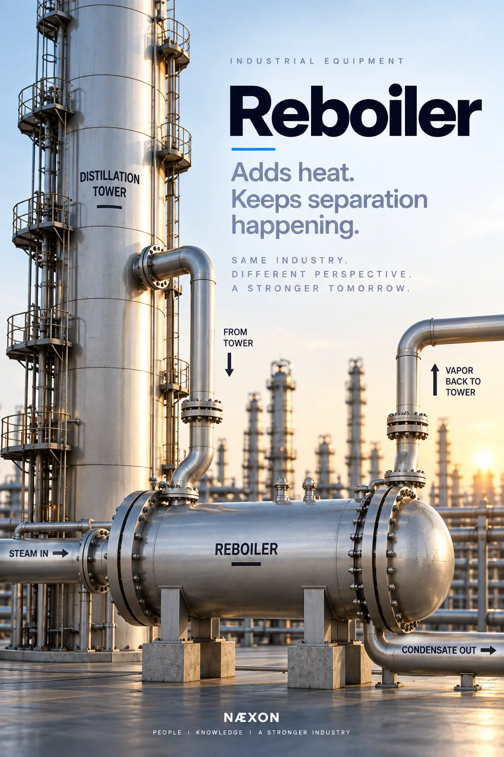 Reboiler cover showing a horizontal heat exchanger linked to a distillation tower with steam and condensate piping