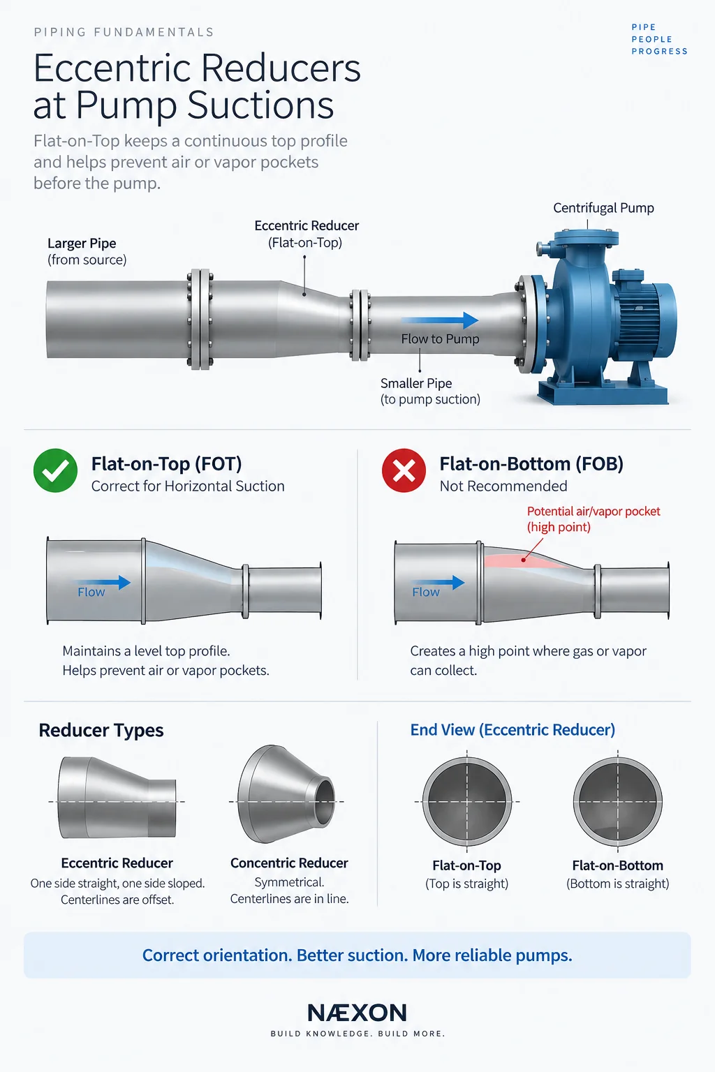 Technical infographic comparing flat-on-top and flat-on-bottom eccentric reducers on horizontal centrifugal pump suction piping