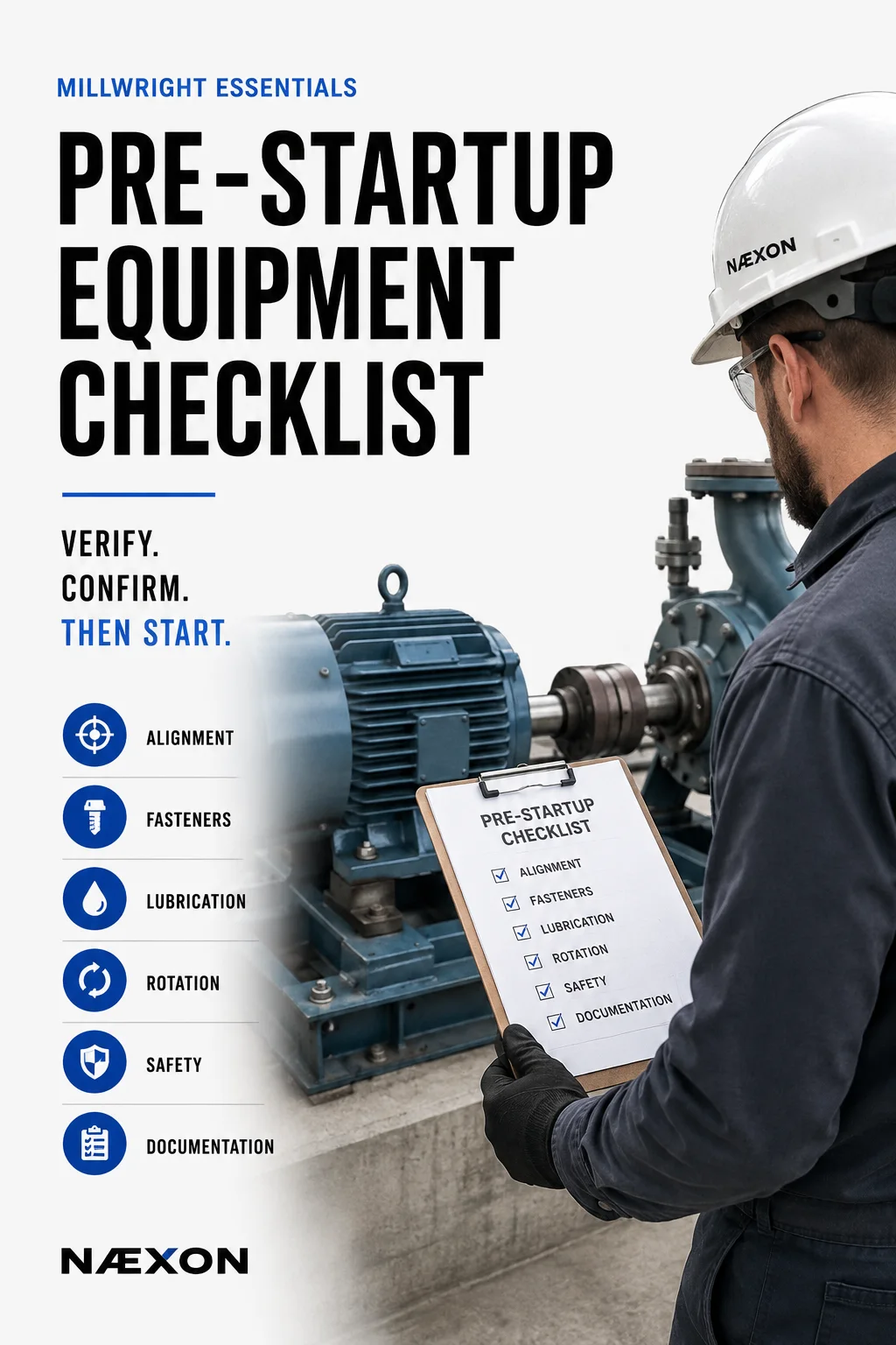 Millwright inspecting a motor and pump with a pre-startup equipment checklist covering alignment, fasteners, lubrication, rotation, safety, and documentation.