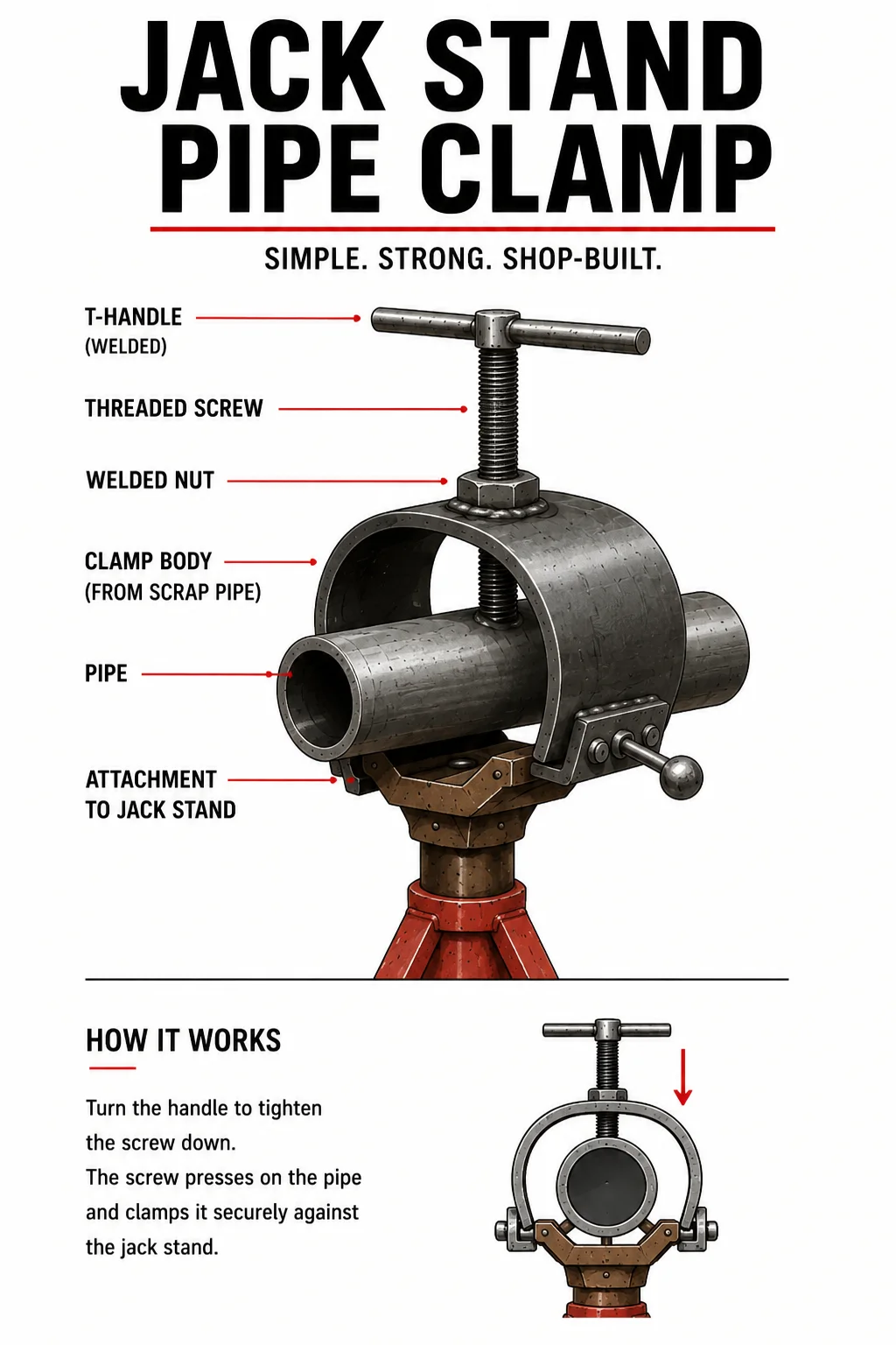 Labeled diagram of a shop-built jack stand pipe clamp with T-handle, threaded screw, welded nut, curved clamp body, pipe, and stand attachment.