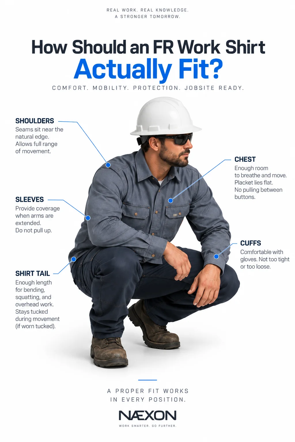 Illustration of crouching worker in a gray work shirt with labeled shoulders, chest, sleeves, cuffs, and shirt-tail fit points.