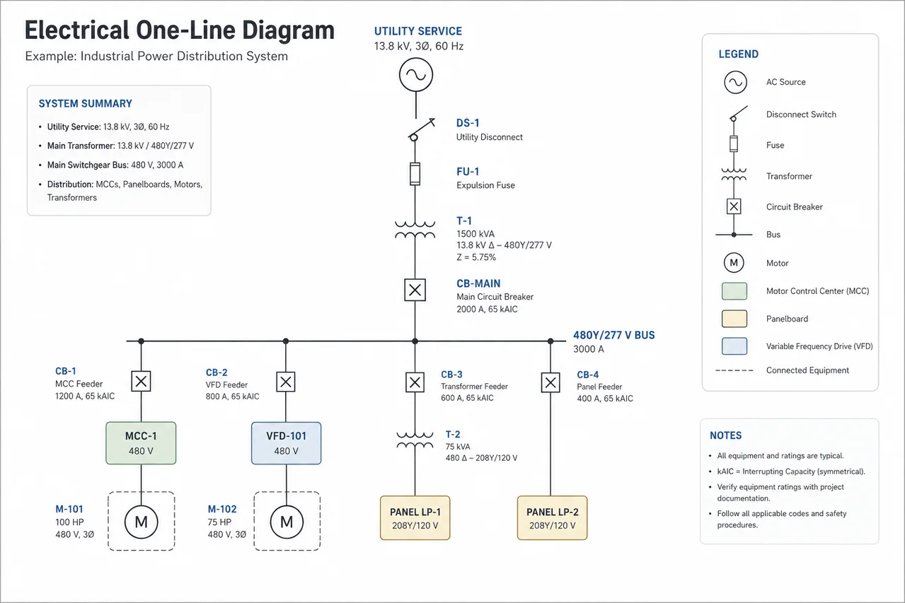 One-line electrical diagram tracing utility service through a transformer and bus to an MCC, VFD, panels, and motors.