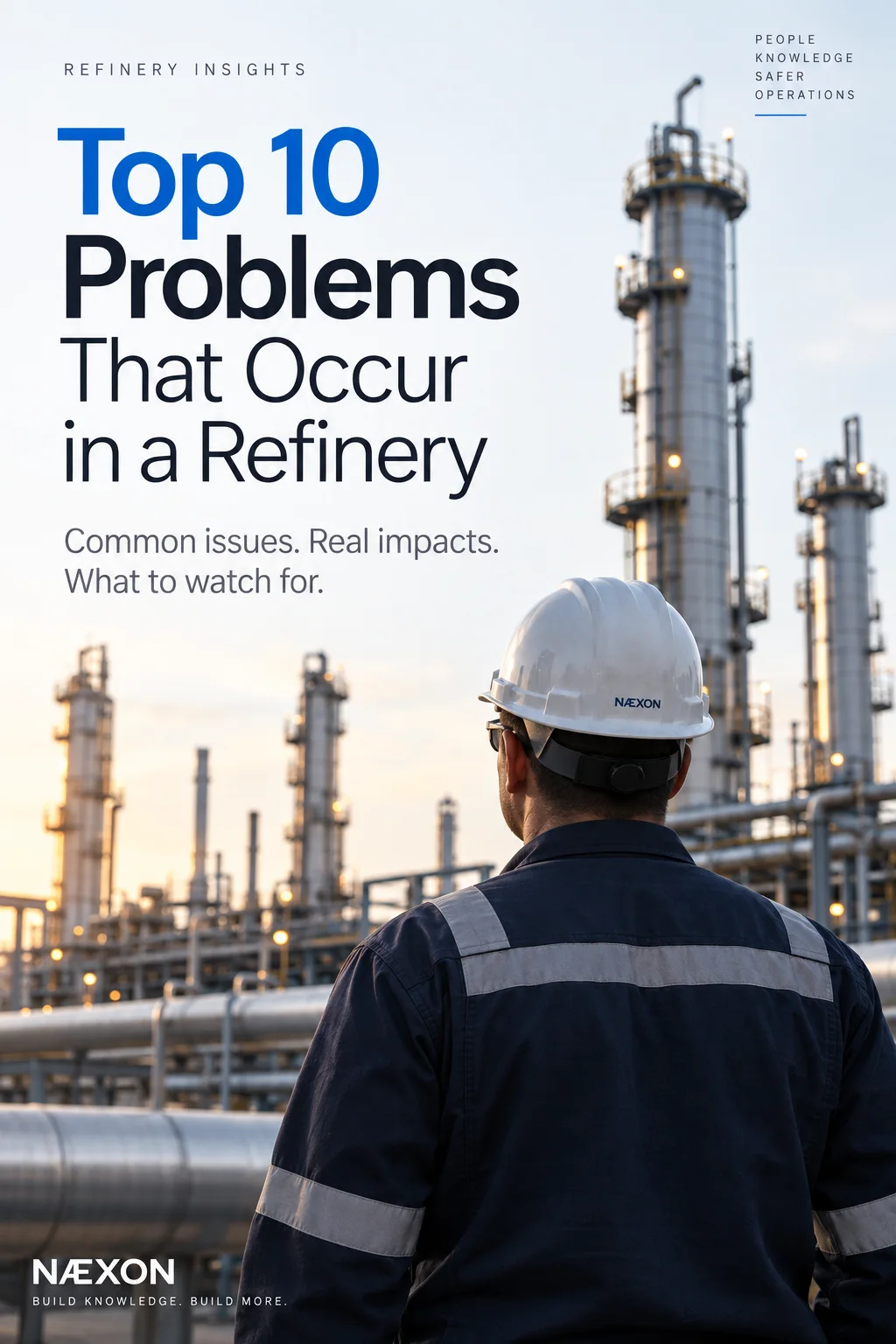 Hard-hat worker viewed from behind against refinery process towers, beneath the headline Top 10 Problems That Occur in a Refinery.