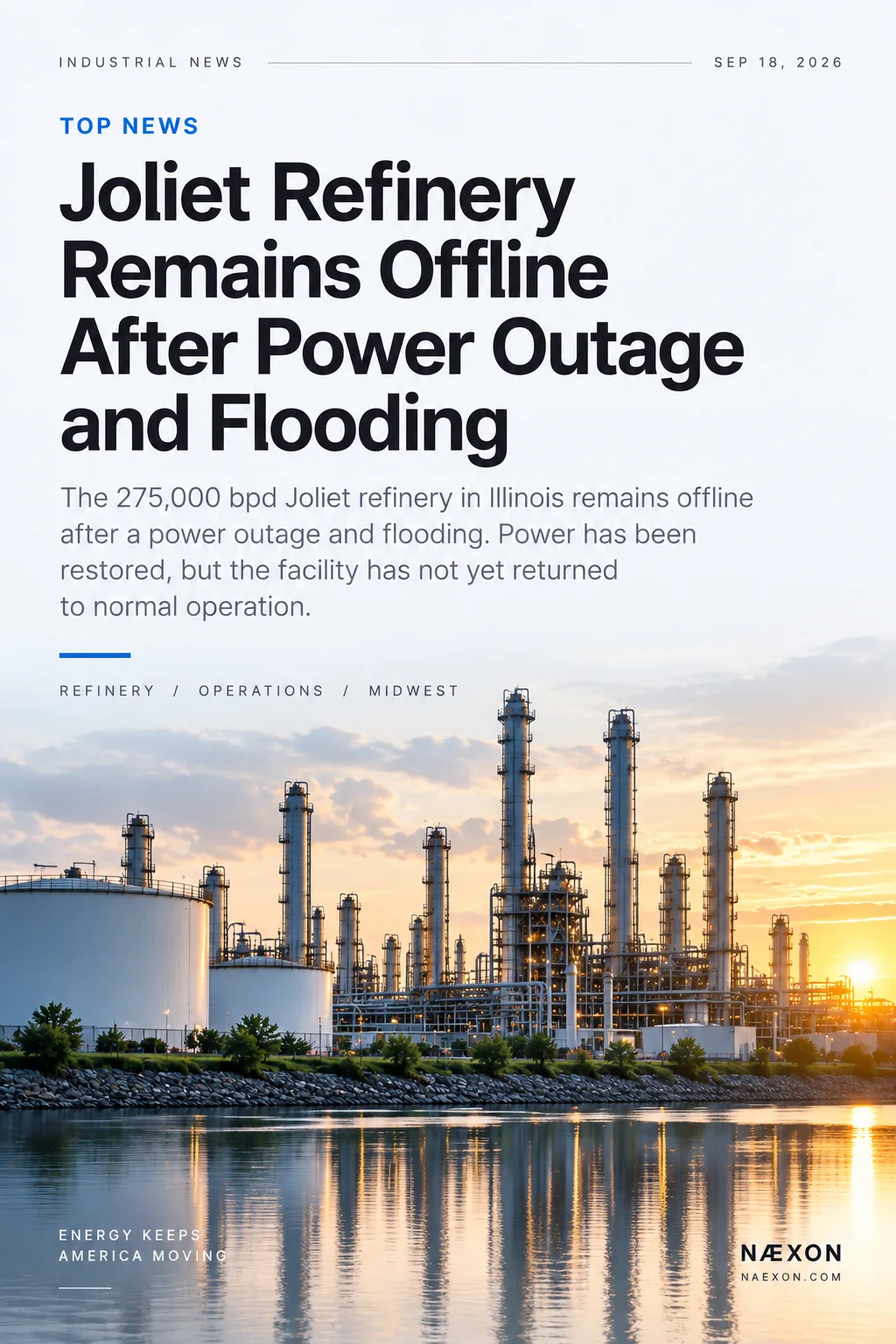 Illustrated refinery at sunset beneath a headline about the Joliet refinery remaining offline after a power outage and flooding.
