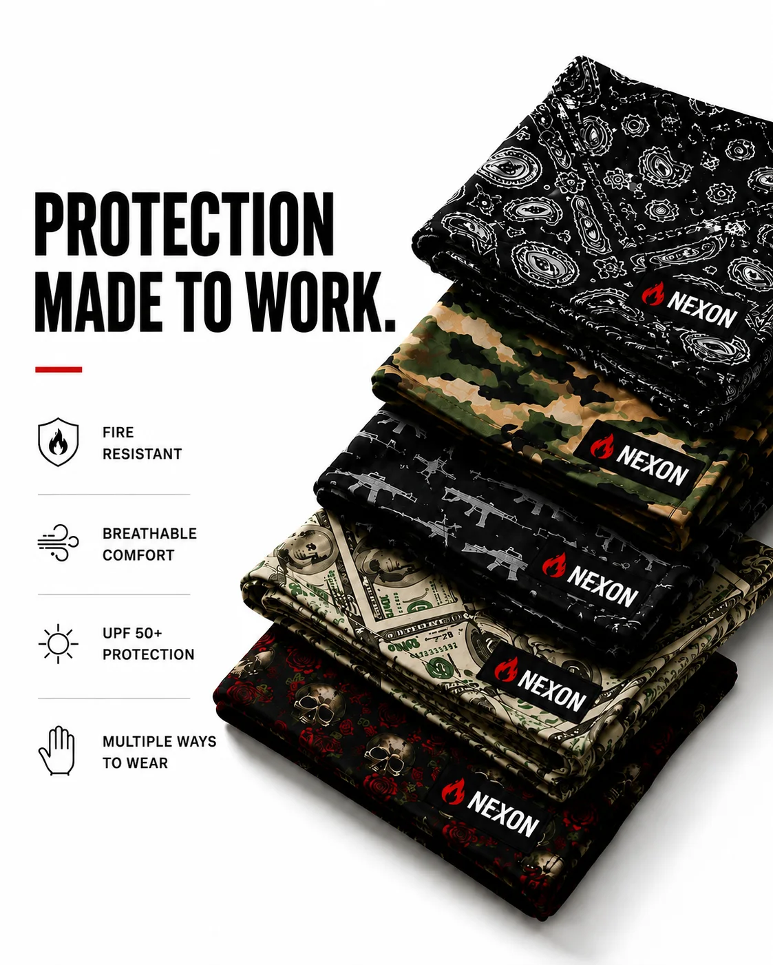 Five folded NEXON bandanas in paisley, camouflage, tool-print, money-print, and skull-and-rose patterns.