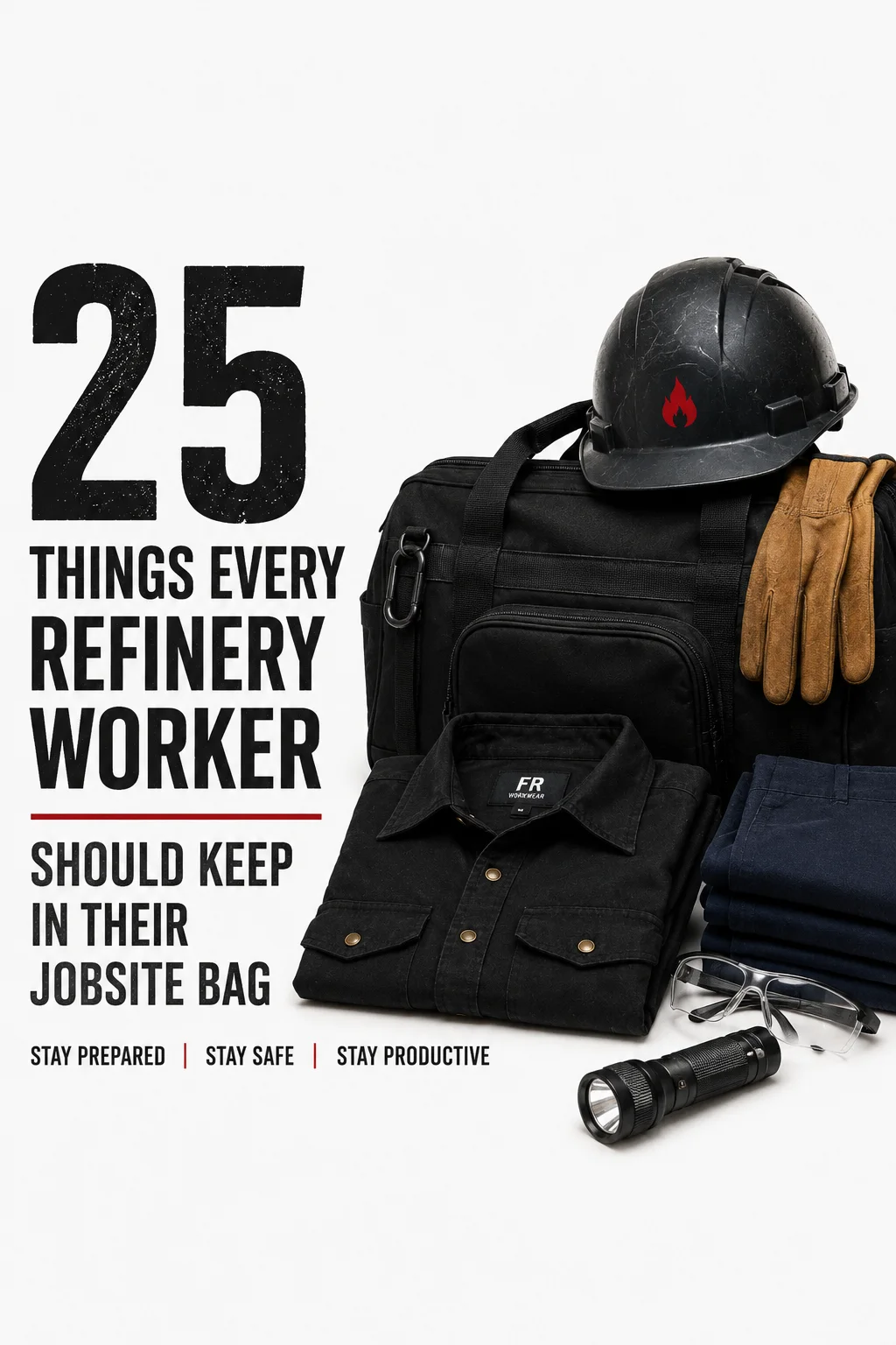 Graphic showing a packed work bag, hard hat, gloves, and a list title about refinery jobsite essentials.