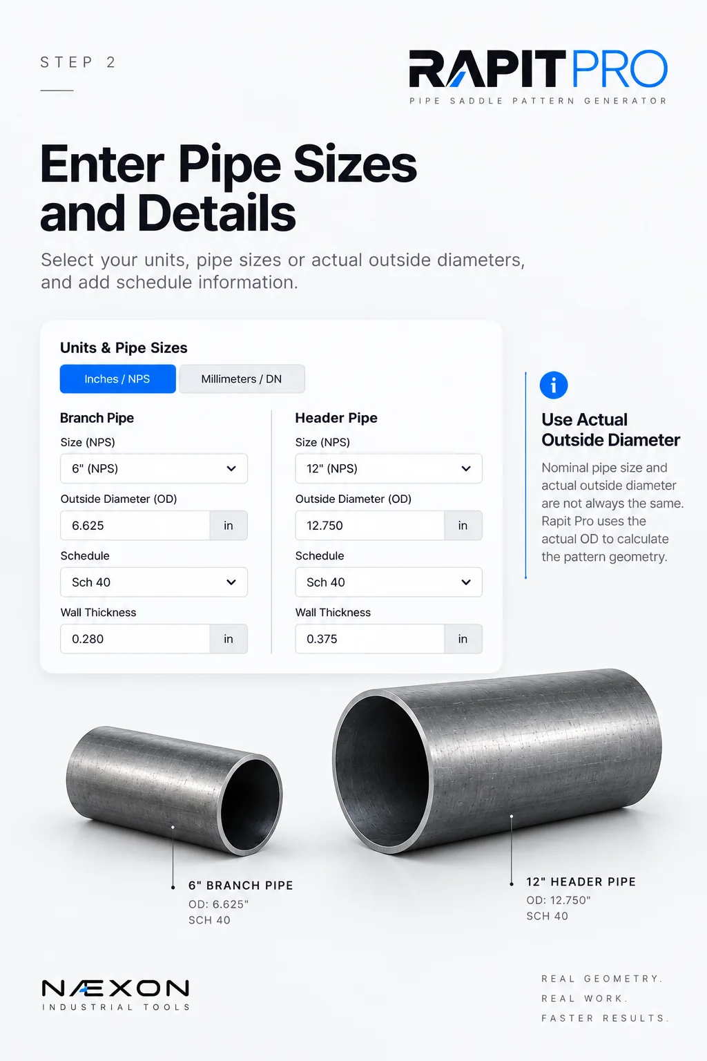 Rapit Pro graphic showing branch and header pipe size fields and two pipe sections of different diameters.