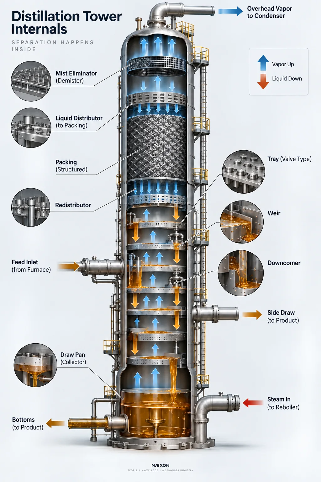 Cutaway refinery distillation tower showing packing, trays, distributor, demister, downcomers, draw pan, feed, vapor and liquid flow.