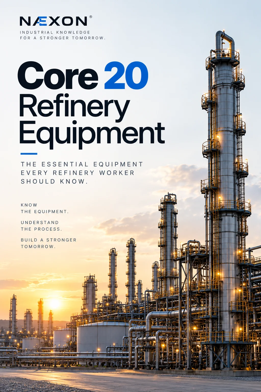 Core 20 Refinery Equipment cover with distillation towers and refinery piping at sunset