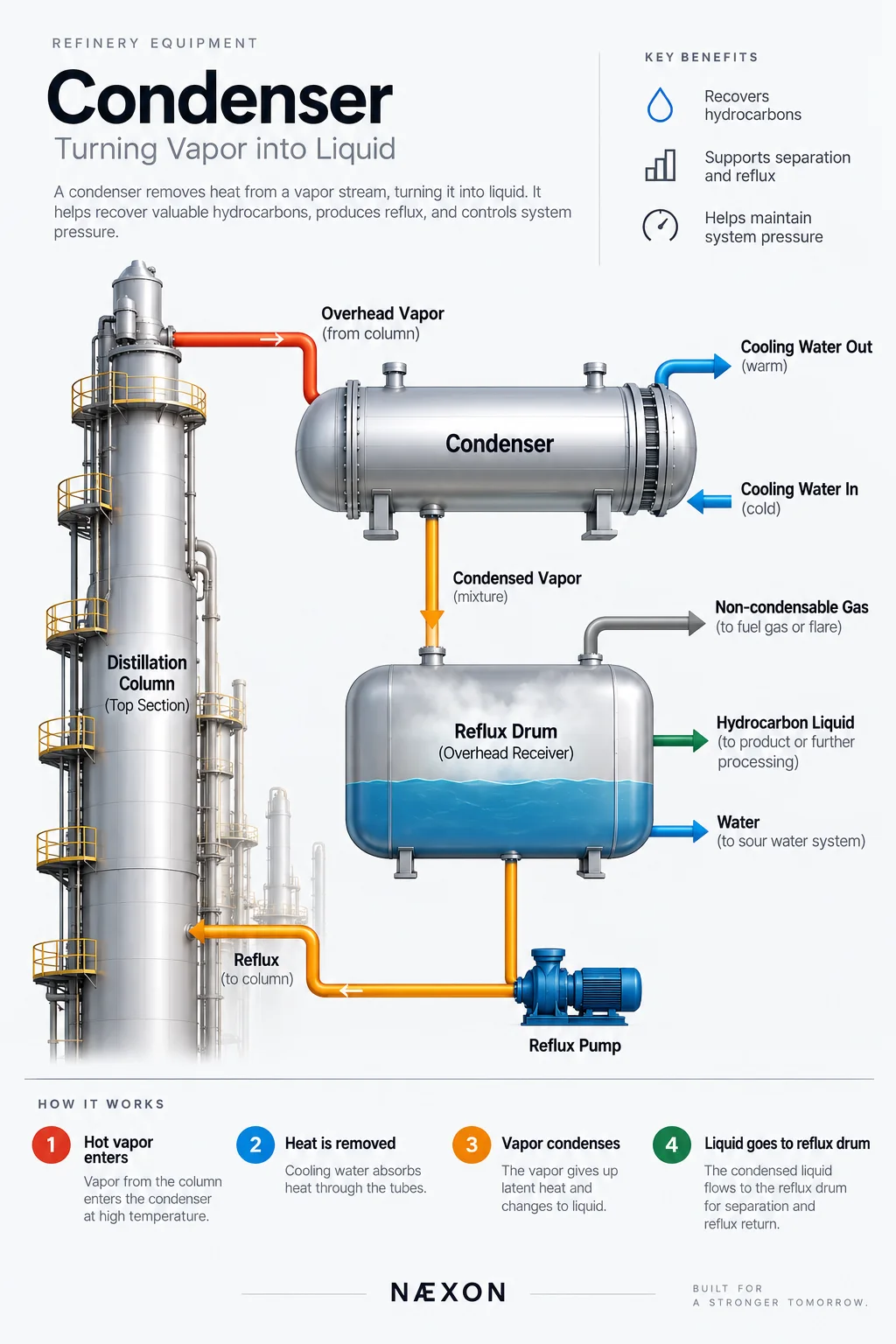 Condenser diagram showing distillation overhead vapor, cooling water, reflux drum, non-condensable gas, and reflux pump