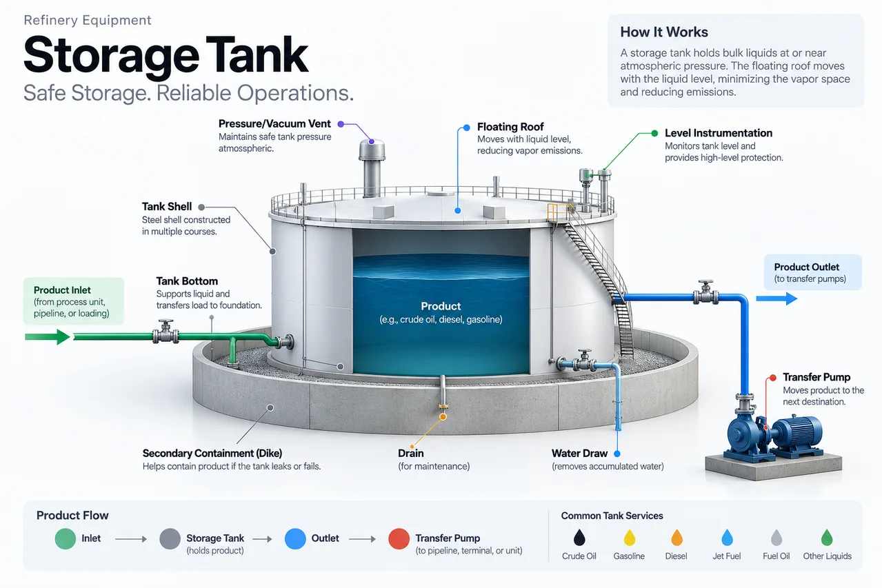 Cutaway floating-roof storage tank diagram labeling the shell, roof, vent, inlet, outlet, pump, drains, and containment