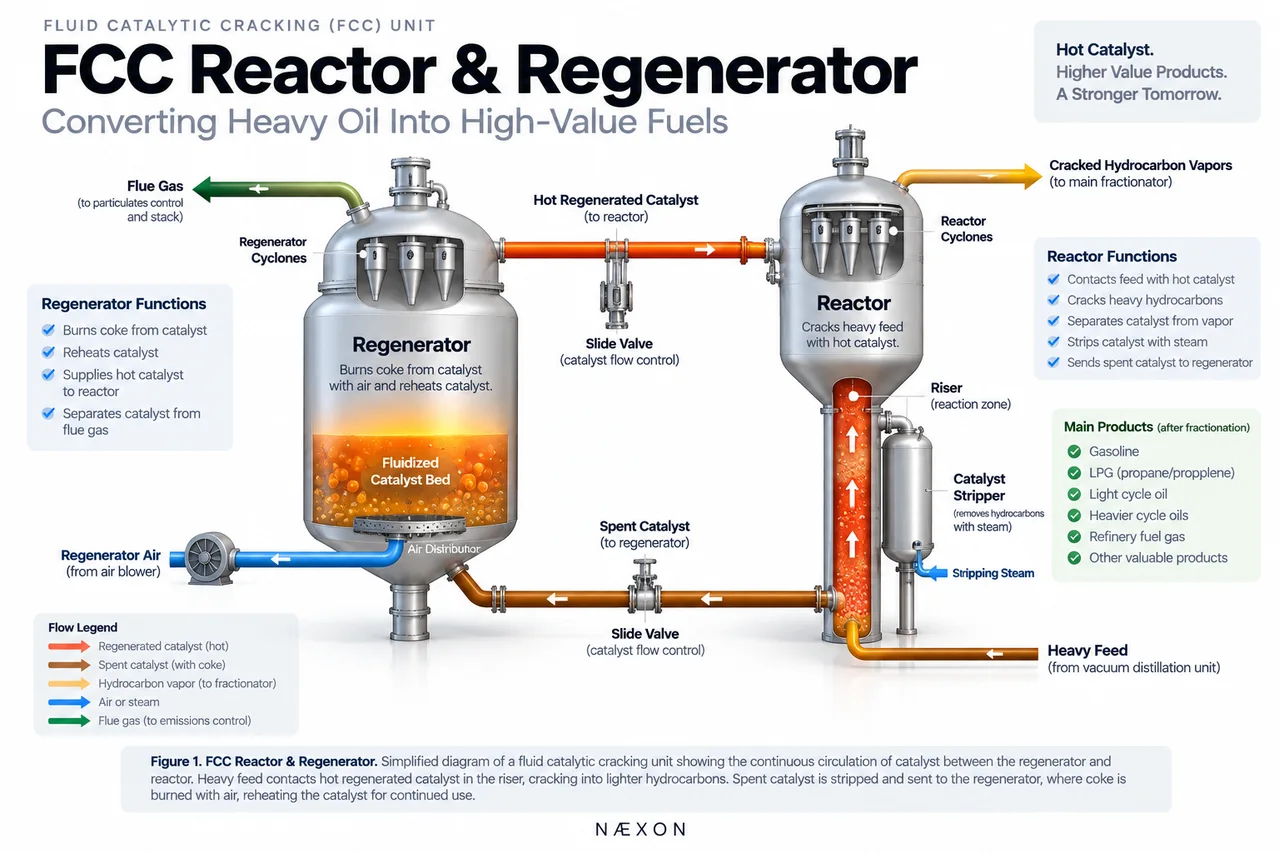 Diagram of an FCC reactor and regenerator showing catalyst circulation, heavy feed, cracked vapors, air, and flue gas