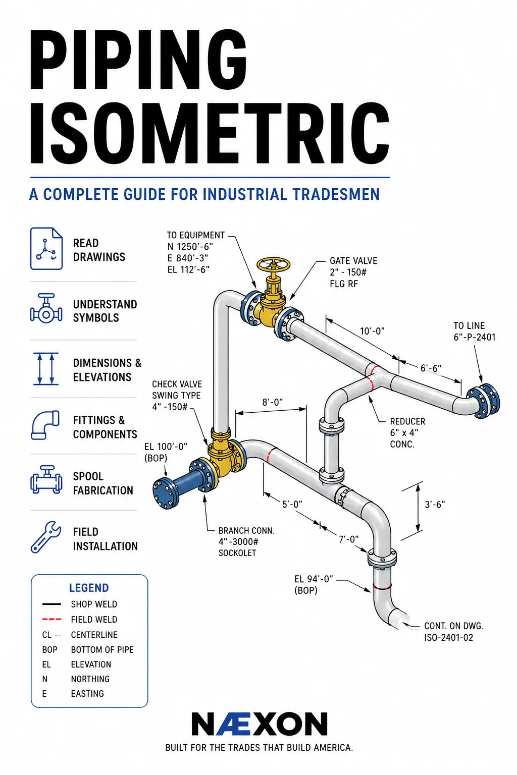 Illustrated piping isometric with valves, flanges, dimensions, elevations, weld markings, and a legend.