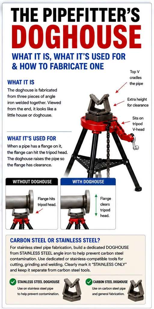 Pipefitter doghouse fabrication guide showing V-shaped pipe support used on a tripod stand for flange clearance