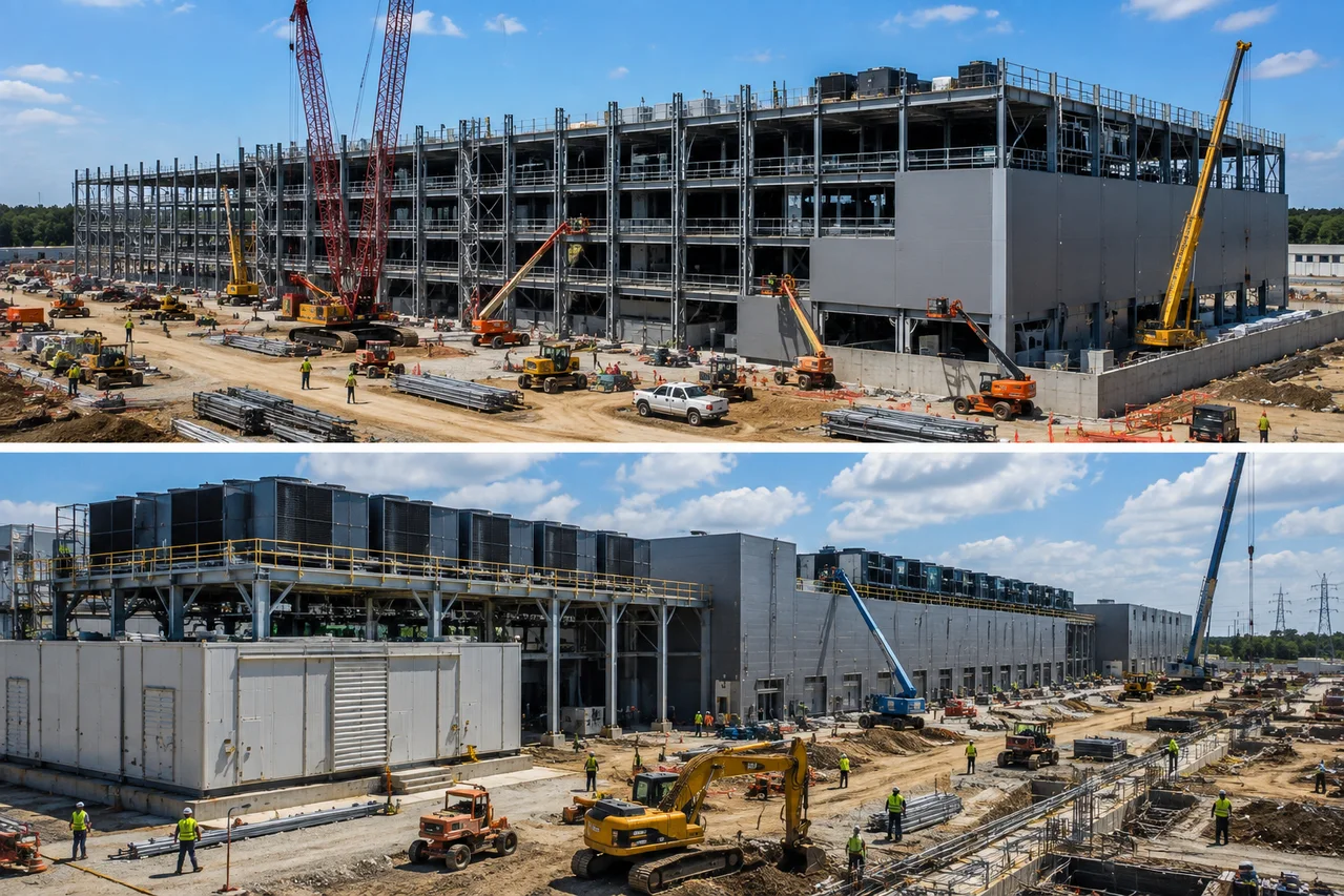 Large data center construction project with steel framing, cooling equipment, cranes, aerial lifts, excavators, and skilled trades workers