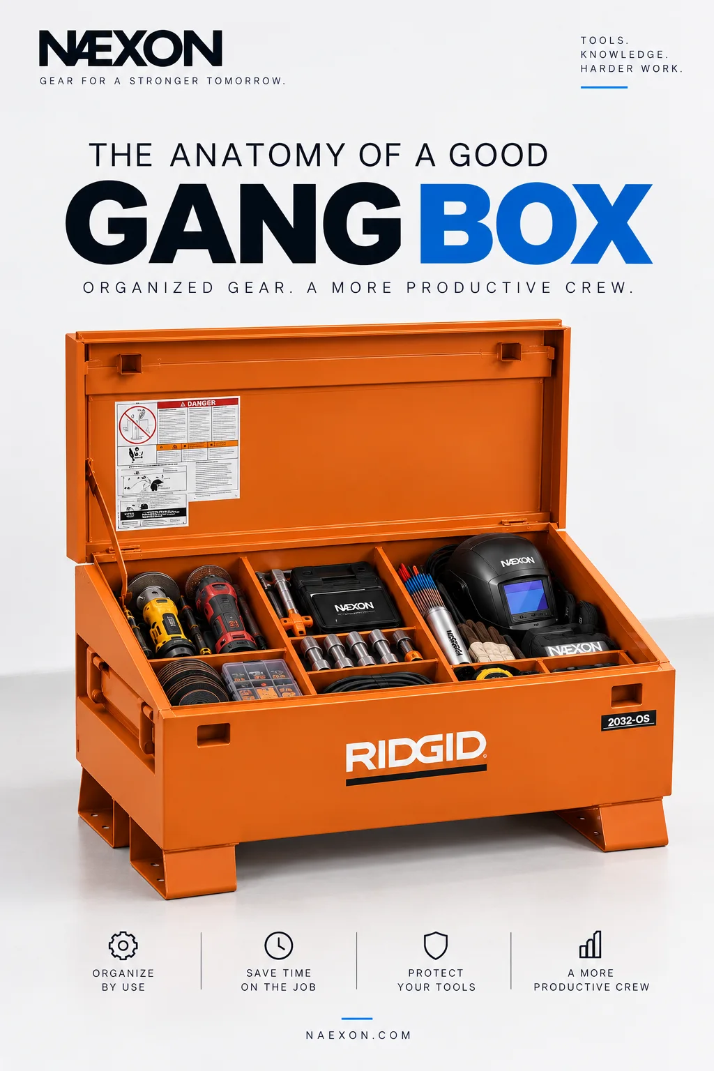 Open orange industrial gang box with grinders, tools, welding hood, cords, and divided storage