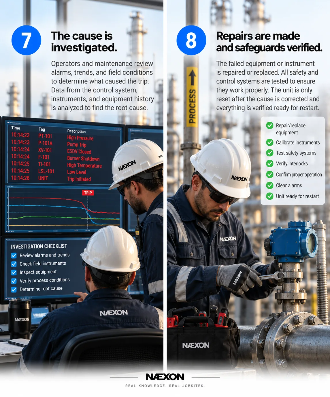 Illustration of operators reviewing alarms and repairing an instrument before checking safeguards after a refinery unit trip.