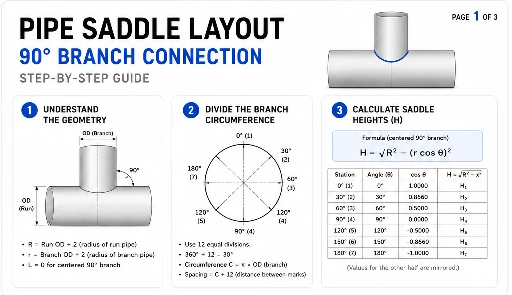 Page 1 of a pipe saddle guide showing a centered 90-degree branch, circumference stations, and a table of saddle-height values.