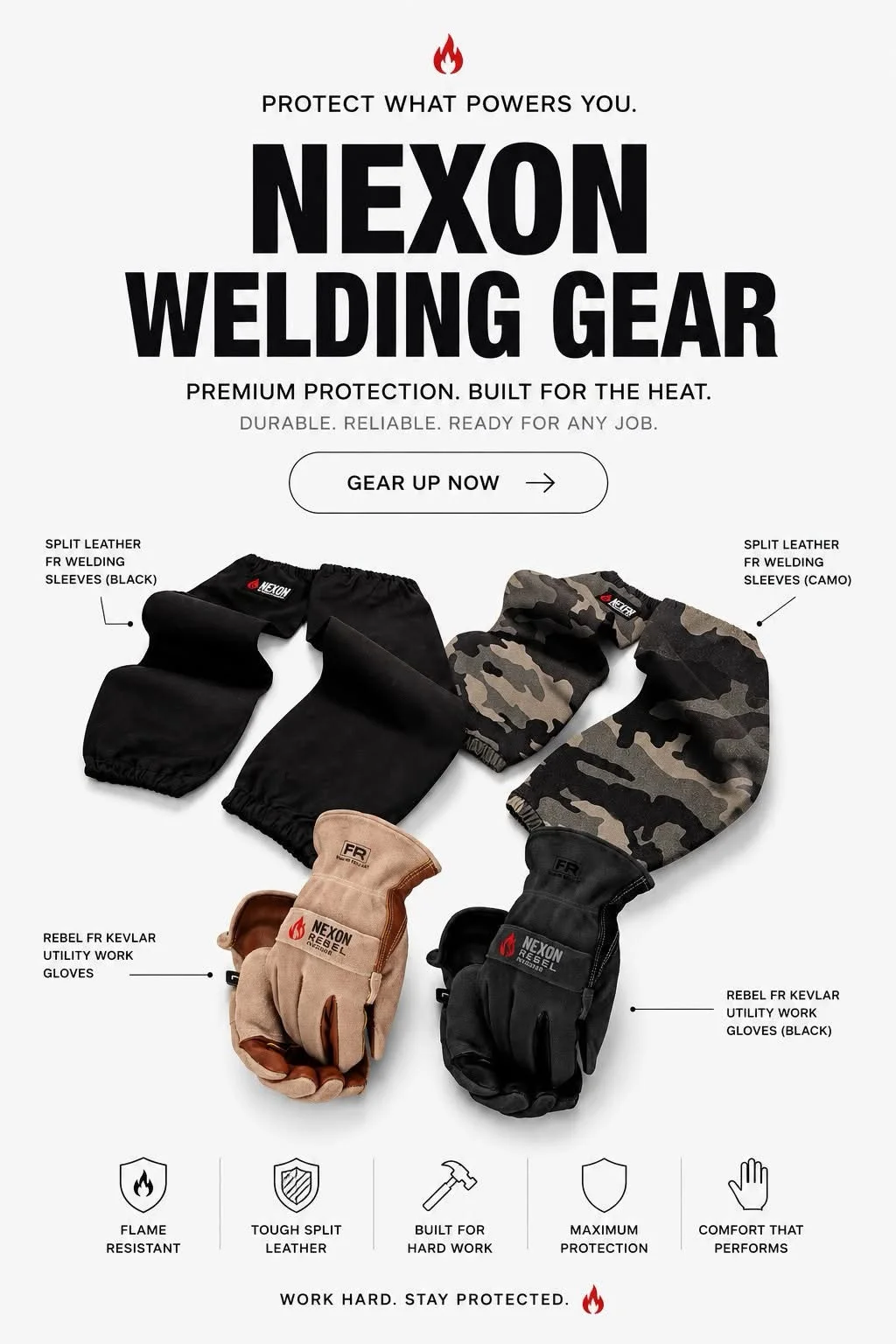 NEXON welding gear poster showing black and camouflage protective sleeves above tan and black work gloves.