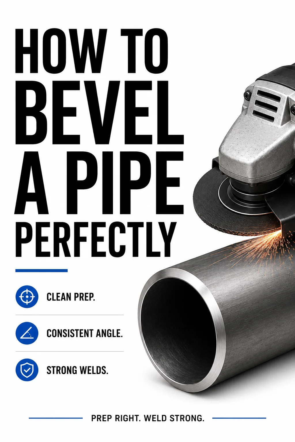 Angle grinder beveling the end of a metal pipe beneath the heading “How to Bevel a Pipe Perfectly.”
