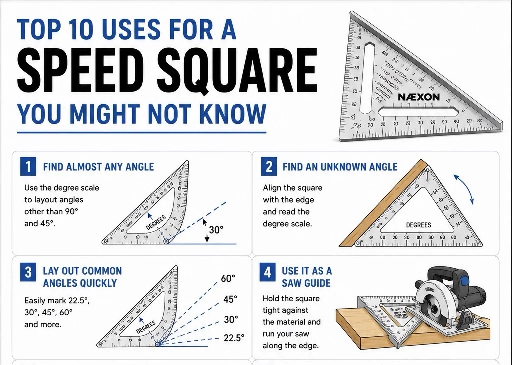 Speed-square guide showing how to find angles, lay out common angles, and use the tool as a saw guide.