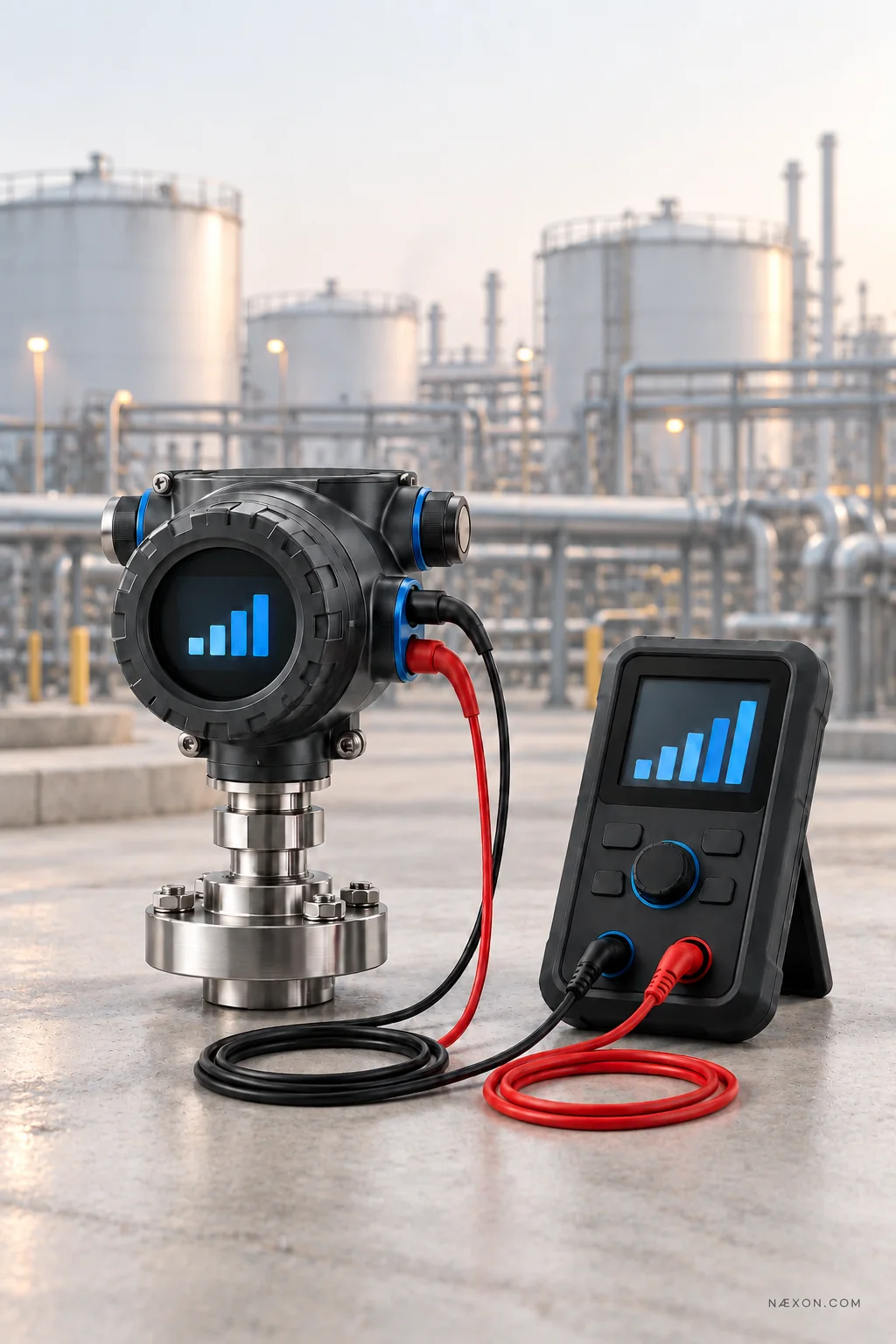 Industrial field transmitter connected by red and black leads to a handheld test instrument, with refinery tanks behind them.