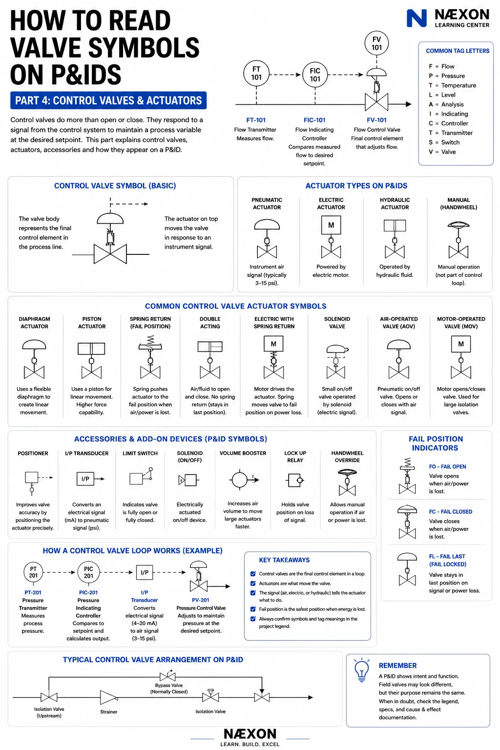 P&ID chart showing control-valve symbols, pneumatic, electric, hydraulic, and manual actuators, accessories, and fail-position indicators.