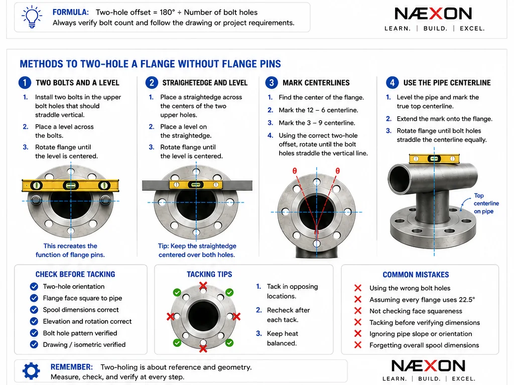 Flange-alignment guide showing two-bolt-and-level, straightedge-and-level, centerline marking, and pipe-centerline methods for two-holing.