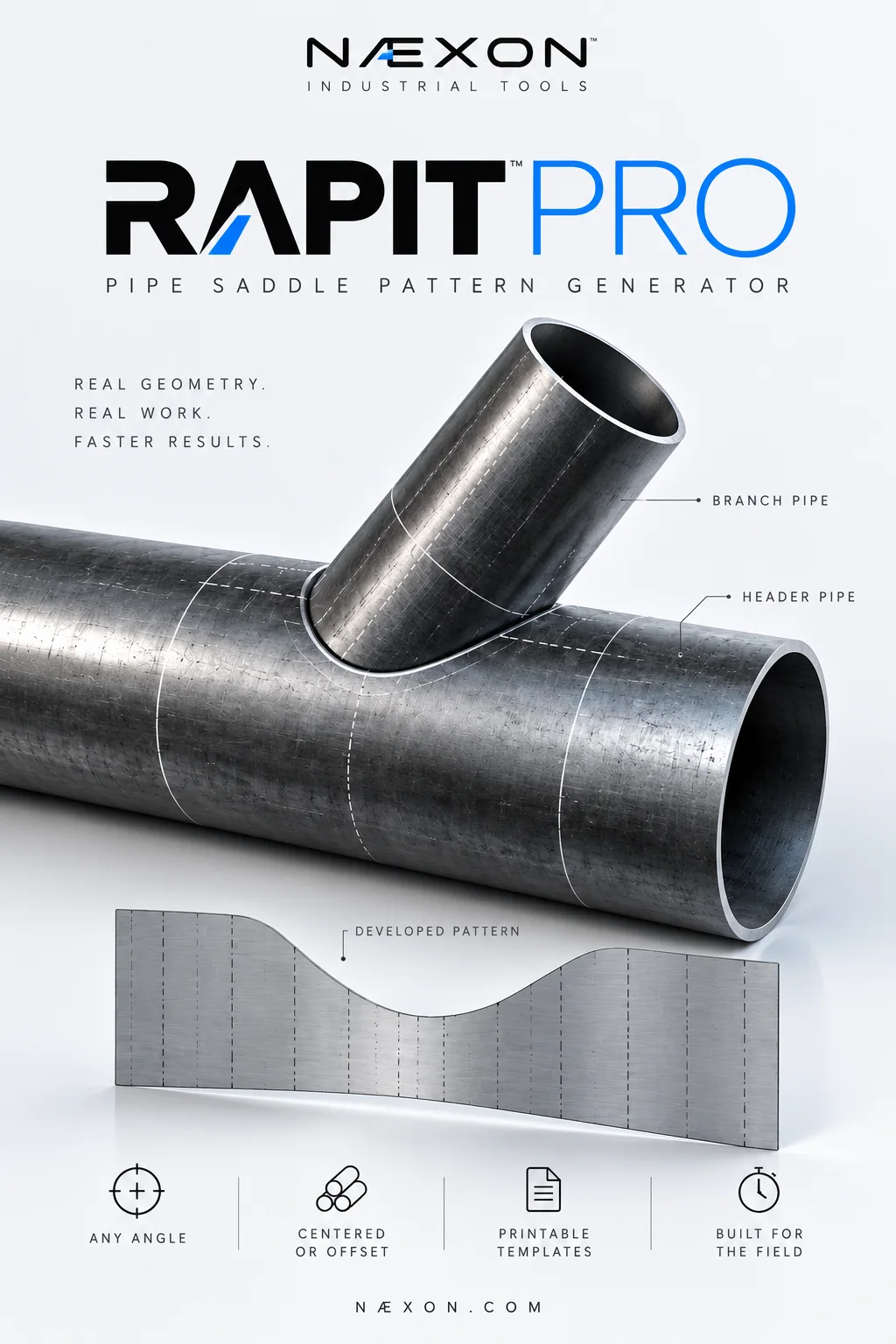 Rapit Pro feature illustration of angled branch pipe intersecting a header above a flat developed saddle template.