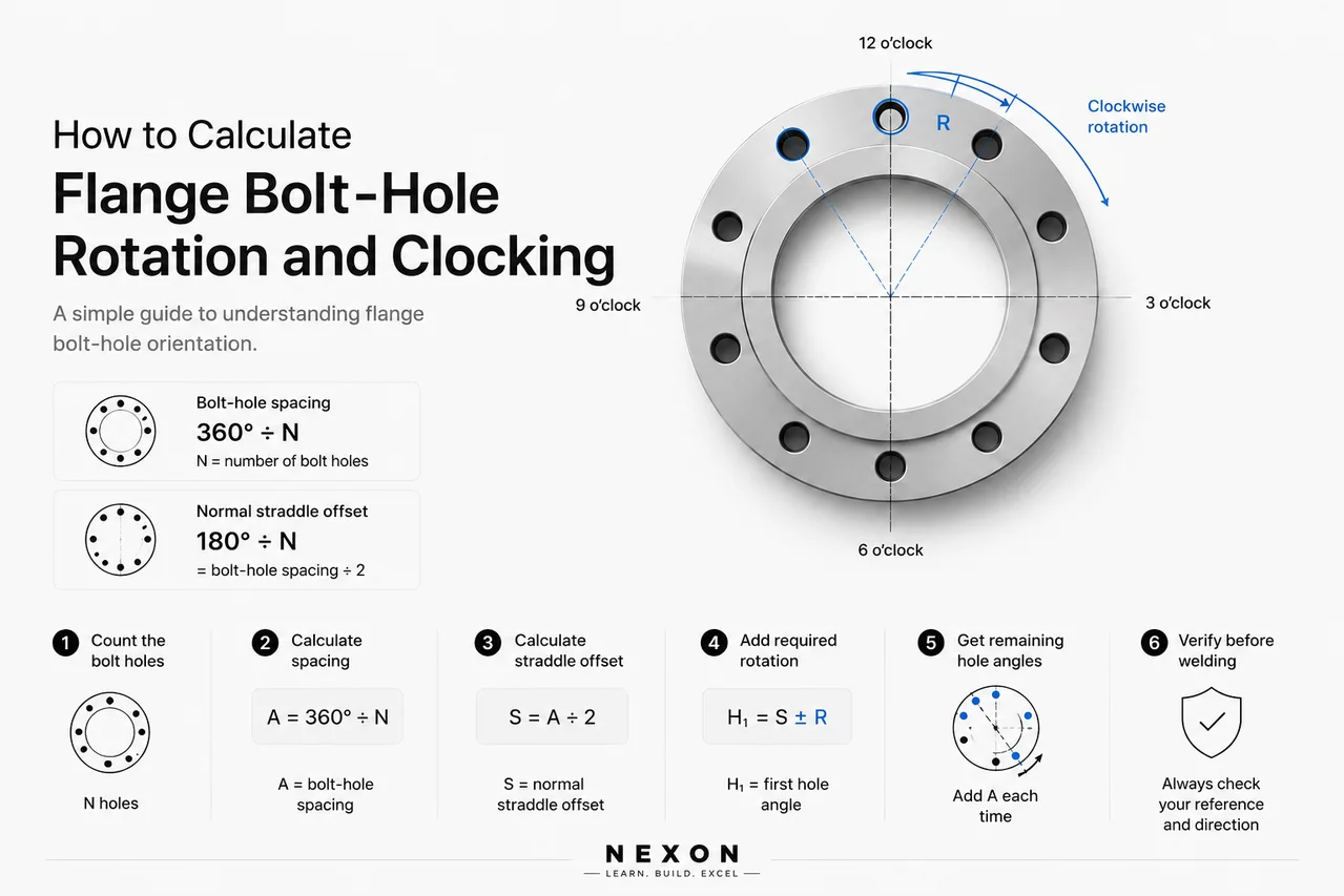 Flange clocking diagram showing bolt-hole spacing, normal straddle offset, required rotation, and six calculation steps.