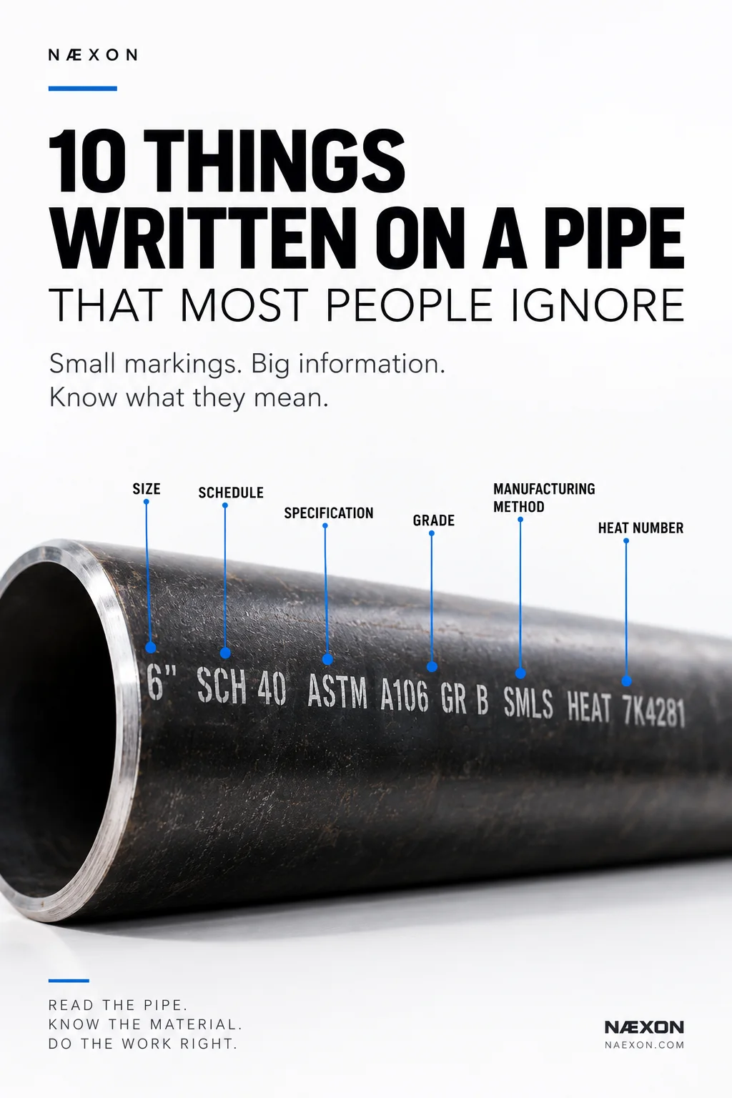 Industrial steel pipe with callouts identifying size, schedule, specification, grade, manufacturing method, and heat number.