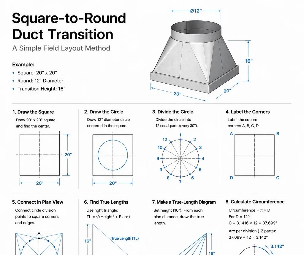 Square-to-round duct transition diagram with a 20-inch square base, 12-inch round top, 16-inch height, and numbered layout steps.
