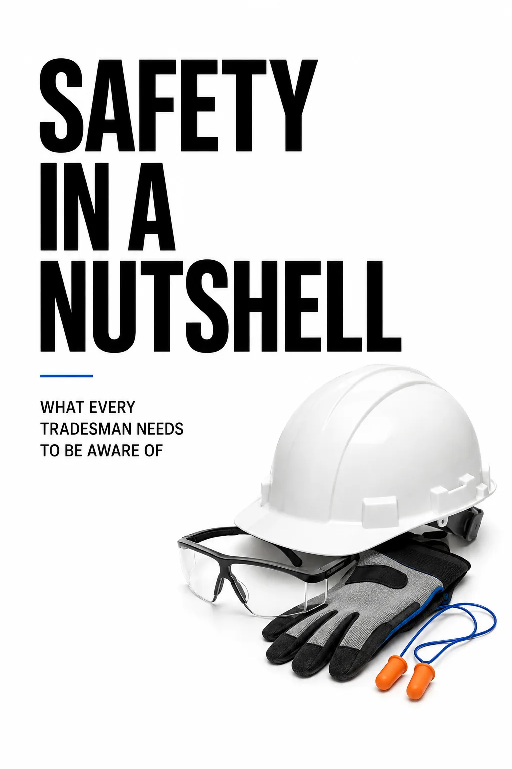 White hard hat, safety glasses, work gloves, and orange earplugs beneath the heading “Safety in a Nutshell.”