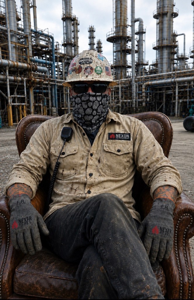 Industrial worker seated in a leather chair at a refinery wearing a hard hat, dark safety glasses, bandana, NEXON FR shirt, and gloves.