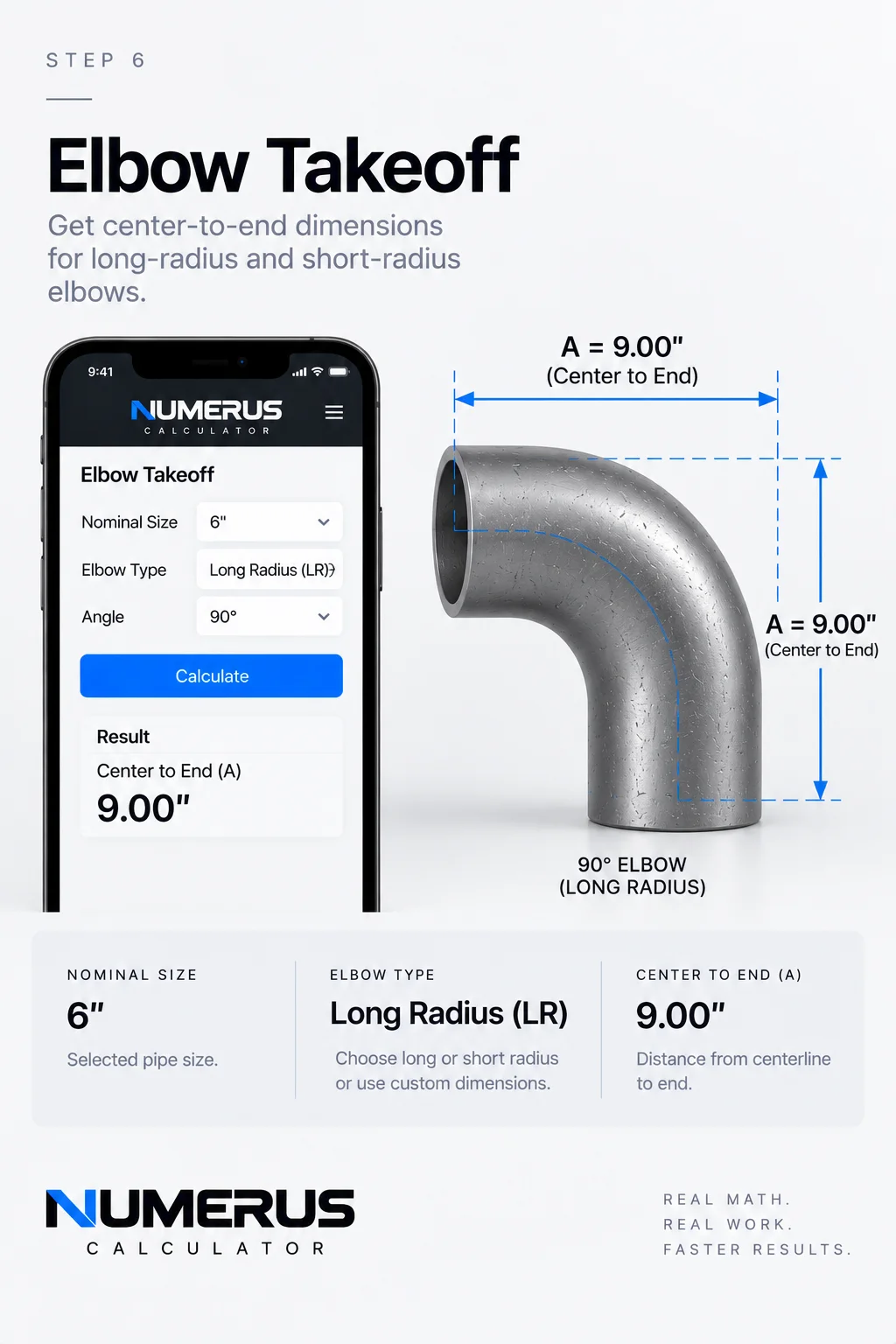 Numerus guide showing a 90-degree long-radius elbow and center-to-end takeoff dimension on a phone screen.