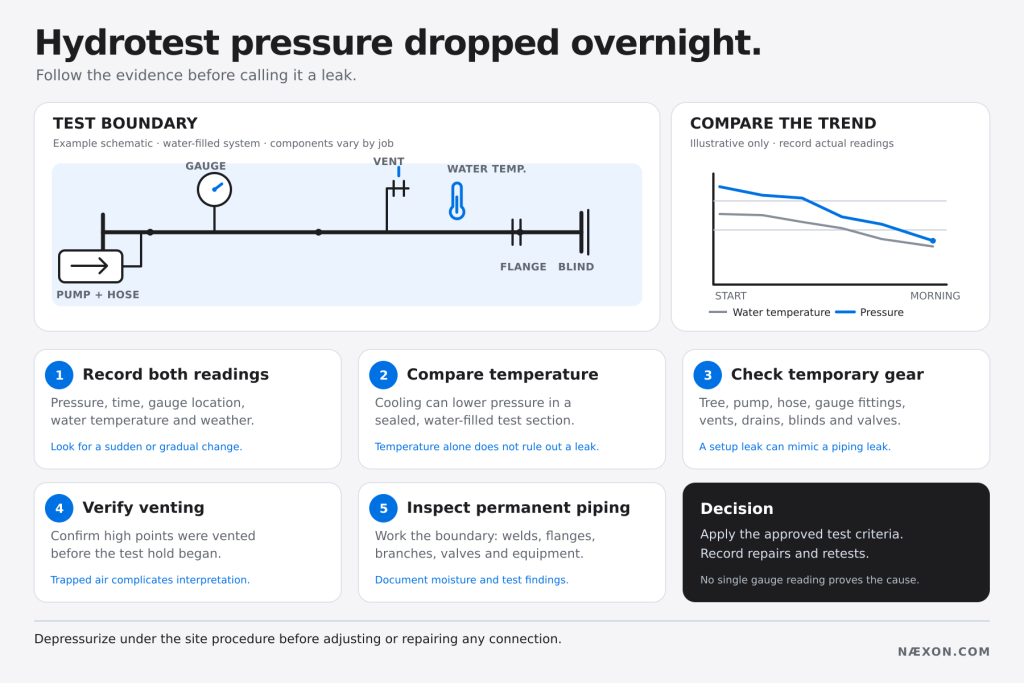 Diagram of an overnight hydrotest pressure drop with a test-boundary schematic, temperature and pressure trend, and five investigation steps.